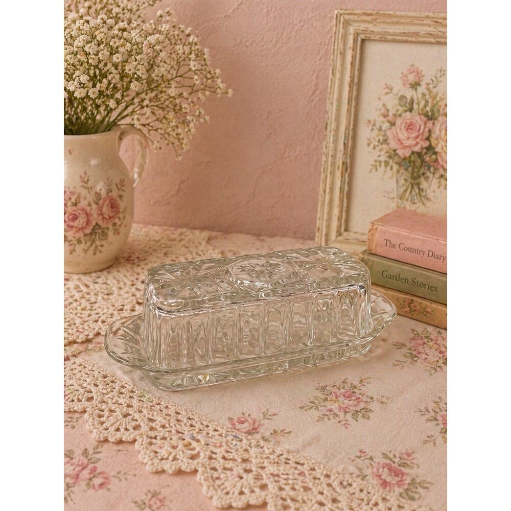 Vintage Anchor Hocking Star of David Butter Dish Clear Glass Covered Two Piece